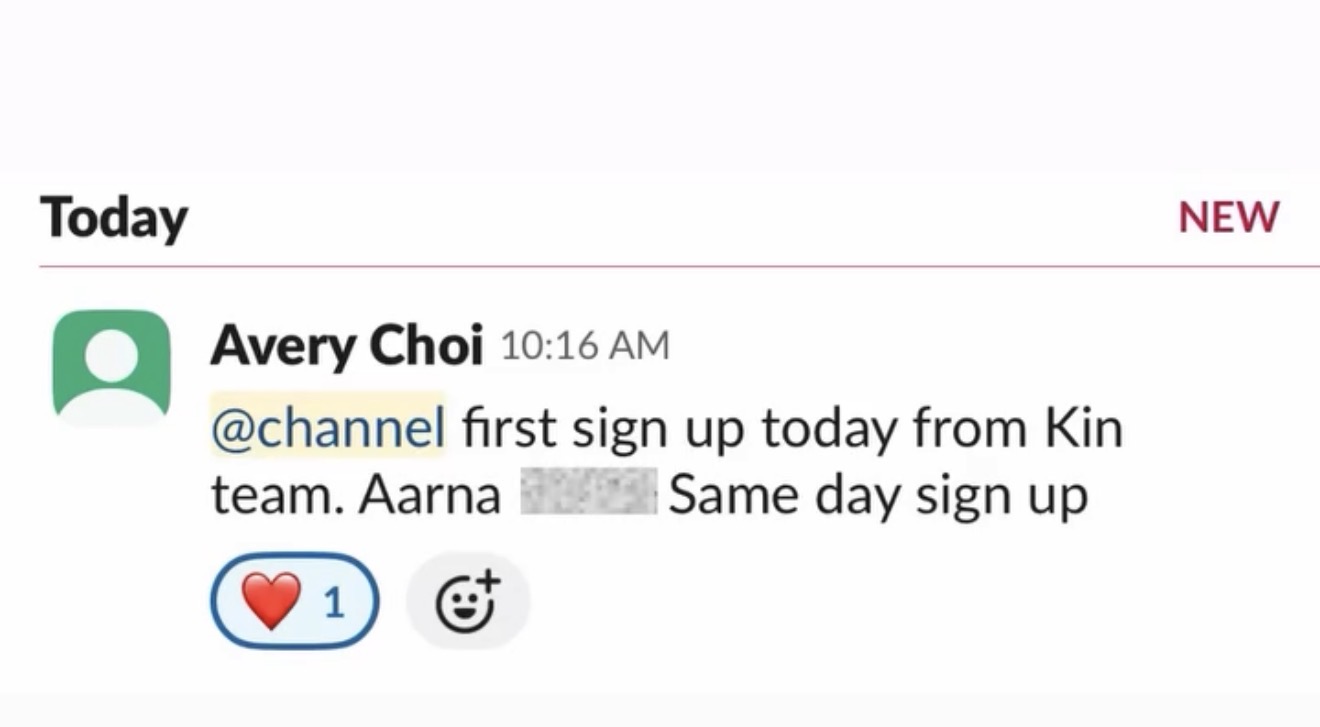 Slack message from Avery Choi — same-day sign-up