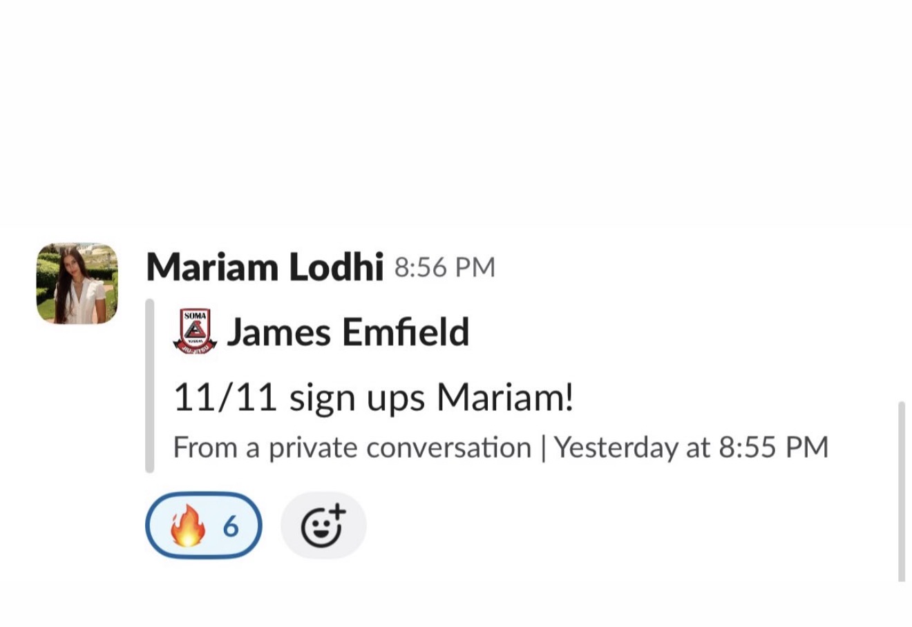 Slack message from Mariam Lodhi — 11 sign-ups at Soma Jiu-Jitsu
